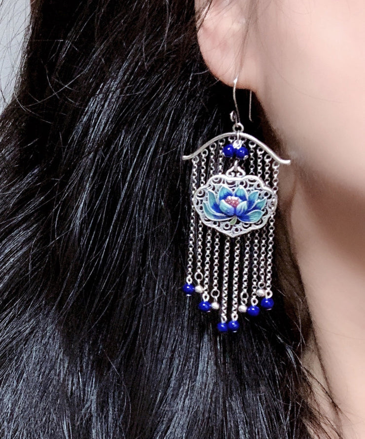 Retro Blue Sterling Silver Enamel Lotus Tassel Drop Earrings