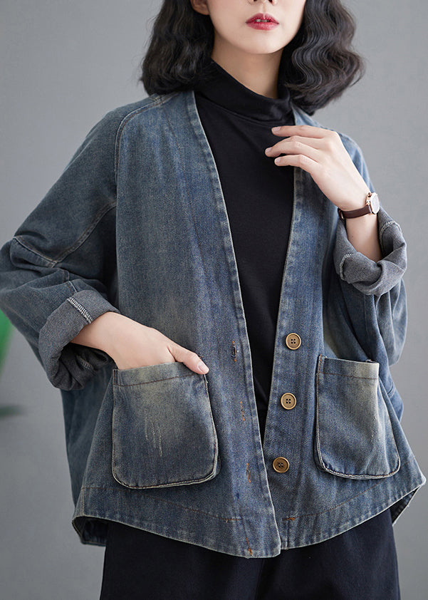 Retro Blue V Neck Patchwork Pockets Denim Coats Fall