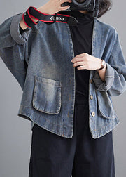 Retro Blue V Neck Patchwork Pockets Denim Coats Fall