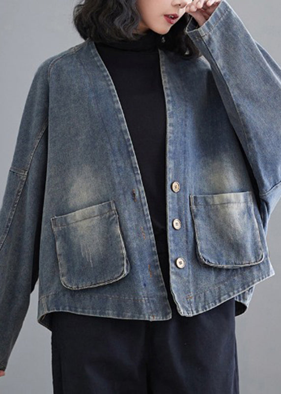 Retro Blue V Neck Patchwork Pockets Denim Coats Fall