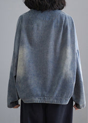 Retro Blue V Neck Patchwork Pockets Denim Coats Fall