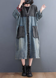 Retro Blue V Neck Pockets Patchwork Button Denim Long Trench Coats Fall