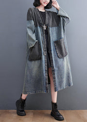 Retro Blue V Neck Pockets Patchwork Button Denim Long Trench Coats Fall