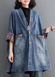 Retro Blue V Neck Striped Patchwork Denim Trench Coat Long Sleeve