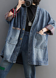 Retro Blue V Neck Striped Patchwork Denim Trench Coat Long Sleeve