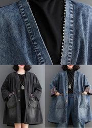 Retro Blue V Neck Striped Patchwork Denim Trench Coat Long Sleeve