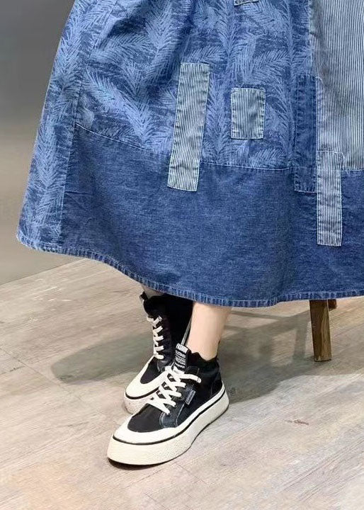 Retro Blue Wrinkled Pockets Print Patchwork Denim Skirts Summer