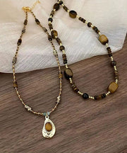 Retro Brown Bilayer Beading Tiger's Eye Pendant Necklace