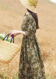 Retro Brown O Neck Print Patchwork Drawstring Cotton Dresses Summer