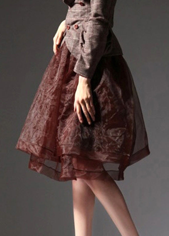 Retro Chocolate Elastic Waist Organza A Line Skirts Spring