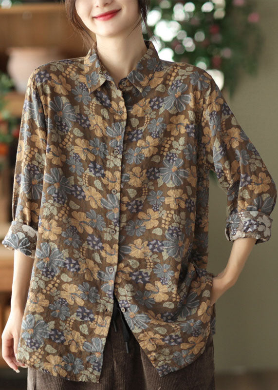 Retro Chocolate Peter Pan Collar Print Linen Shirt Top Spring