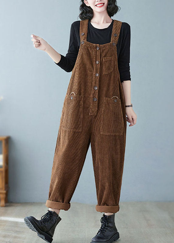 Retro Coffee Pockets Thick Corduroy Jumpsuit Fall