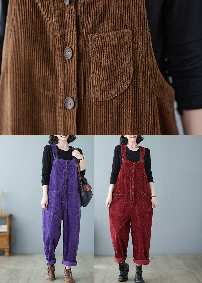 Retro Coffee Pockets Thick Corduroy Jumpsuit Fall