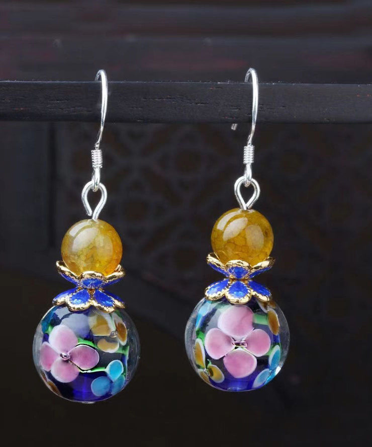 Retro Colorblock Sterling Silver Agate Glaze Cloisonne Drop Earrings