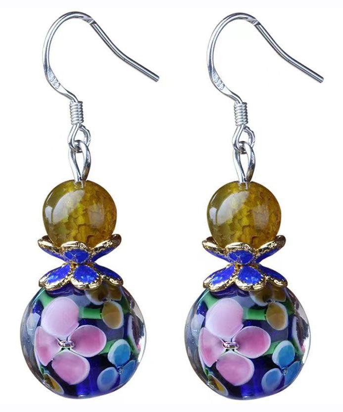 Retro Colorblock Sterling Silver Agate Glaze Cloisonne Drop Earrings