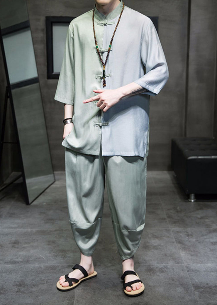 Retro Cyan Stand Collar Patchwork Ice Silk Men Shirt And Crop Pants Two Piece Set Half Sleeve