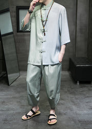 Retro Cyan Stand Collar Patchwork Ice Silk Men Shirt And Crop Pants Two Piece Set Half Sleeve