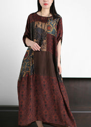 Retro Dark Red Patchwork Print Cozy Silk Maxi Dresses Summer