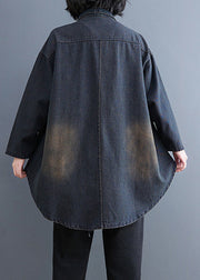 Retro Datrk Blue Peter Pan Collar Button Patchwork Denim Coats Long Sleeve