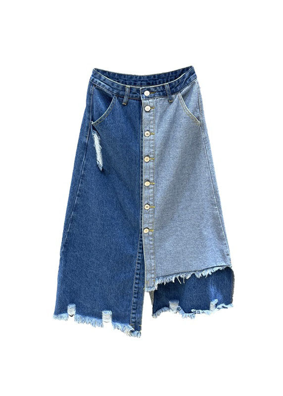 Retro Denim Blue High Waist Patchwork Button Asymmetrical Skirts