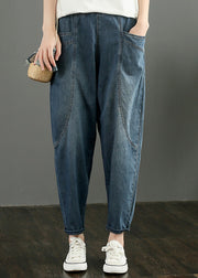 Retro Denim Blue Patchwork High Waist Crop Pants Summer