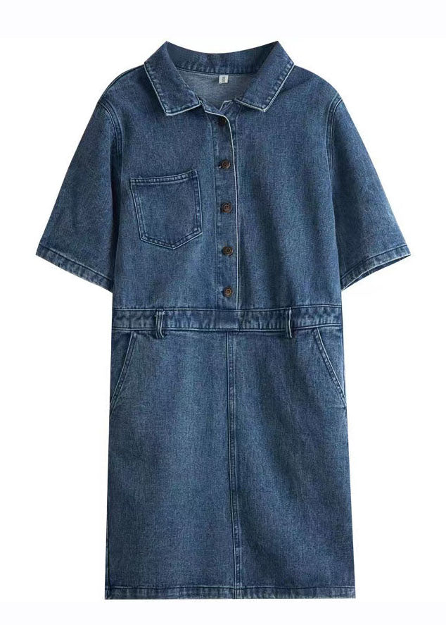 Retro Denim Blue Peter Pan Collar Patchwork Button Mid Dresses Summer