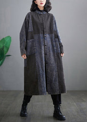 Retro Denim Blue Pockets Patchwork Button Long Trench Coats Long Sleeve