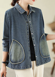 Retro Denim Blue Pockets Patchwork Coats Spring