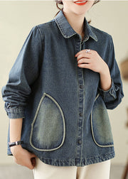 Retro Denim Blue Pockets Patchwork Coats Spring