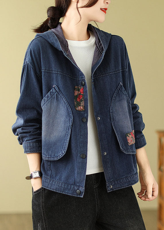 Retro Denim Blue Pockets Print Hooded Coats Fall