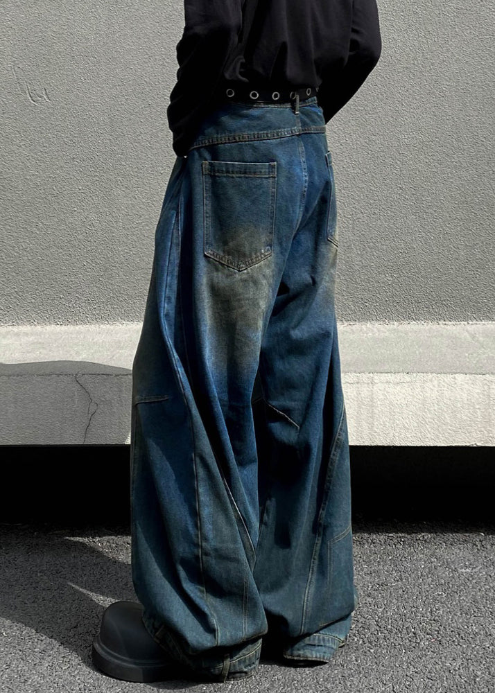 Retro Denim Navy Asymmetrical High Waist Hole Men Pants Fall