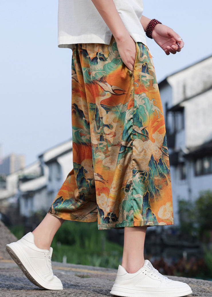 Retro Dragon Printed Oversized Men Wide Leg Pants Summer