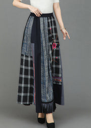 Retro Embroideried Floral Pockets Plaid Patchwork Elastic Waist Skirts Fall