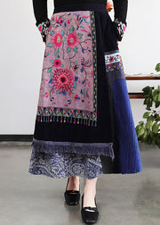 Retro Embroideried Pockets Floral Elastic Waist Cotton A Line Skirt Fall