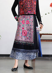 Retro Embroideried Pockets Floral Elastic Waist Cotton A Line Skirt Fall