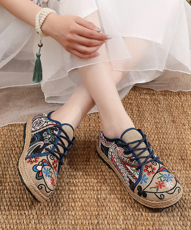 Retro Ethnic Style Embroidered Lace Up Linen Flat Shoes