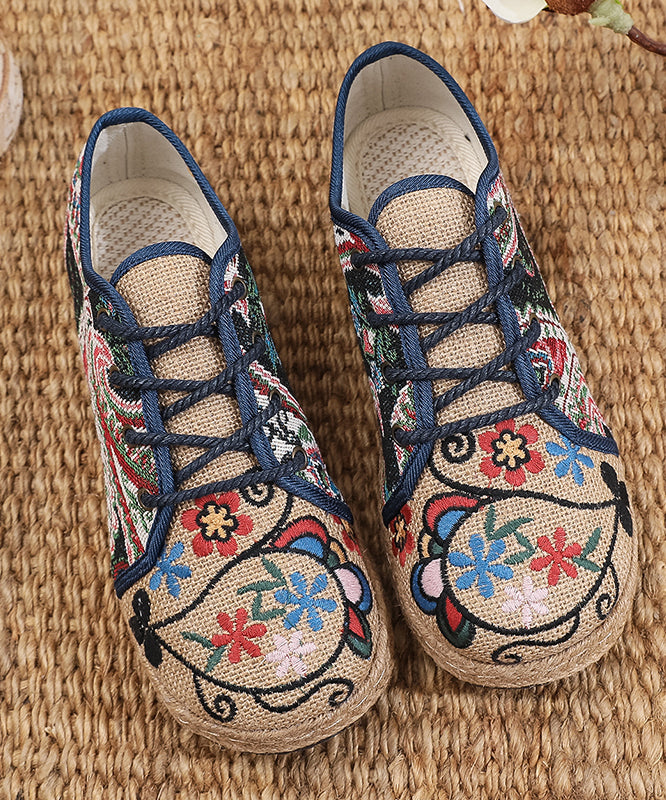 Retro Ethnic Style Embroidered Lace Up Linen Flat Shoes