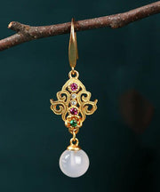 Retro Gold Ancient Gold Inlaid Zircon Chalcedony Sphericity Drop Earrings