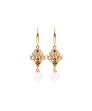 Retro Gold Ancient Gold Inlaid Zircon Chalcedony Sphericity Drop Earrings