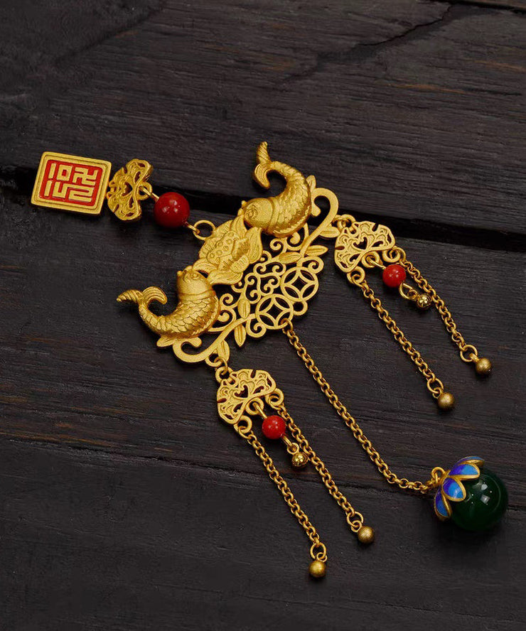 Retro Gold Ancient Gold Jade Agate Ruyi Tassel Brooches