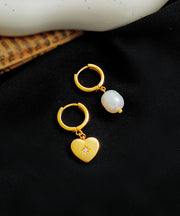 Retro Gold Copper Overgild Asymmetricar Zircon Glass Pearl Heart Hoop Earrings