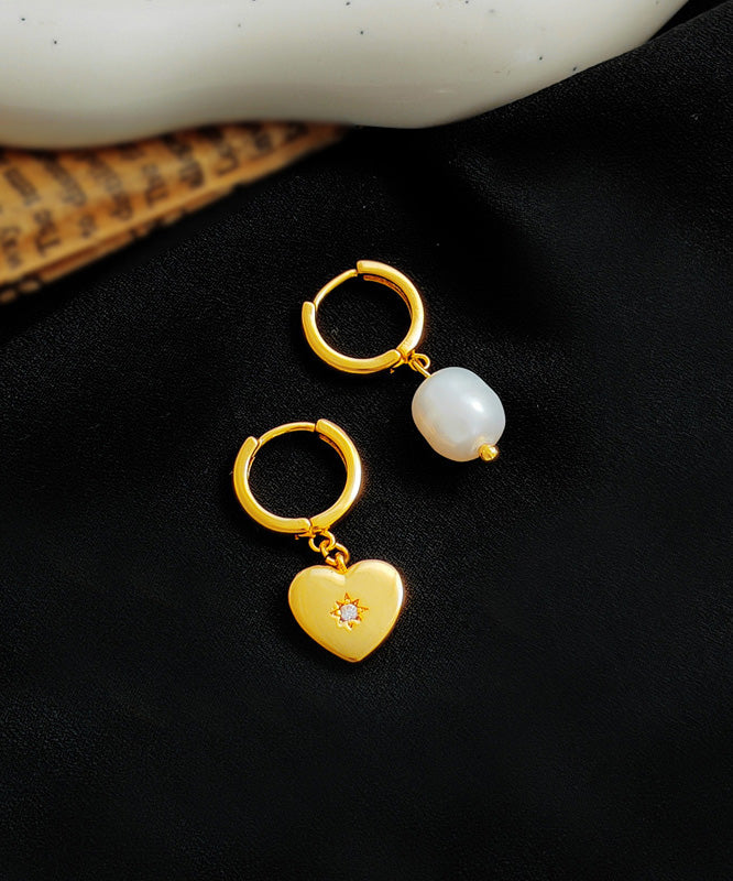 Retro Gold Copper Overgild Asymmetricar Zircon Glass Pearl Heart Hoop Earrings