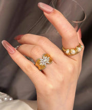 Retro Gold Old Gold Zircon Butterfly Floral Wire Drawing Rings