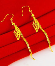 Retro Gold Sterling Silver Overgild Hollow Out Leaves Tassel Drop Earrings