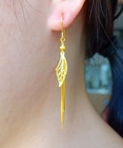 Retro Gold Sterling Silver Overgild Hollow Out Leaves Tassel Drop Earrings