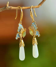 Retro Gold Sterling Silver Overgild Jade Enamel Butterfly Water Drop Drop Earrings