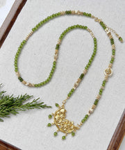 Retro Green Alloy Jade Cat's Eye Stone Tassel Pendant Necklace