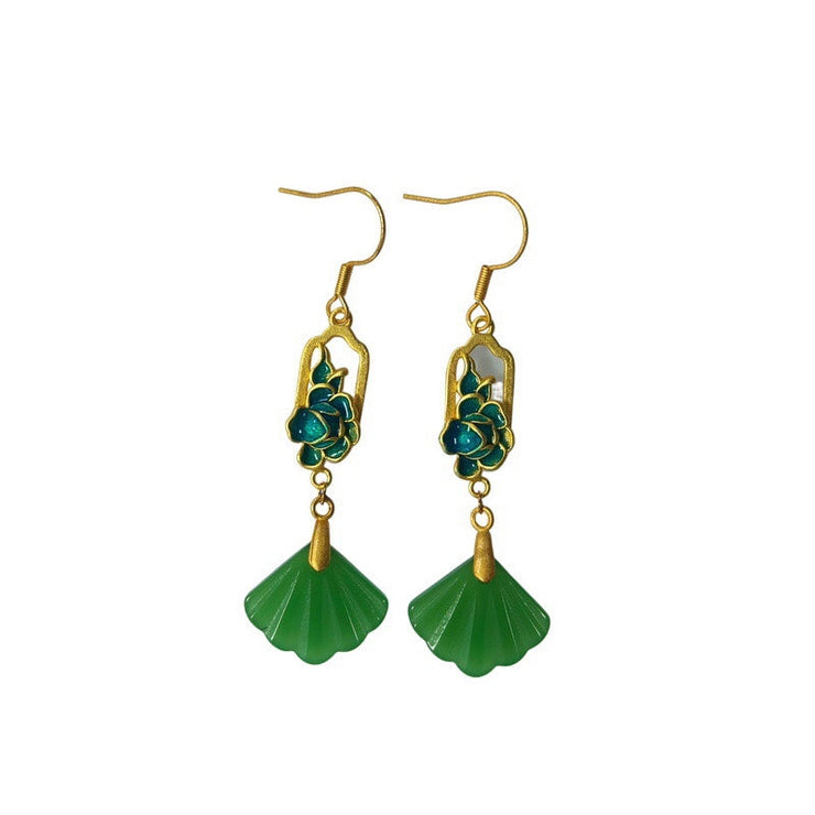 Retro Green Antique Gold Jade Shell Fan Shaped Tassel Drop Earrings