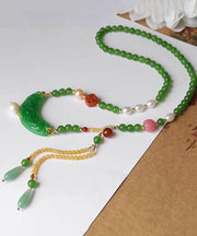 Retro Green Jade Agate Pearl Coloured Glaze Tassel Pendant Necklace