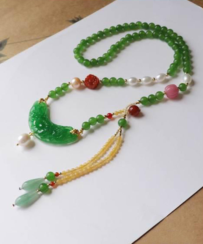 Retro Green Jade Agate Pearl Coloured Glaze Tassel Pendant Necklace